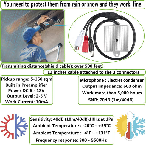 CCTV Microphone Audio Outdoor Security Gift - RCA Tiny Surveillance Mic, High Sensitive Preamp, Waterproof Metal Case