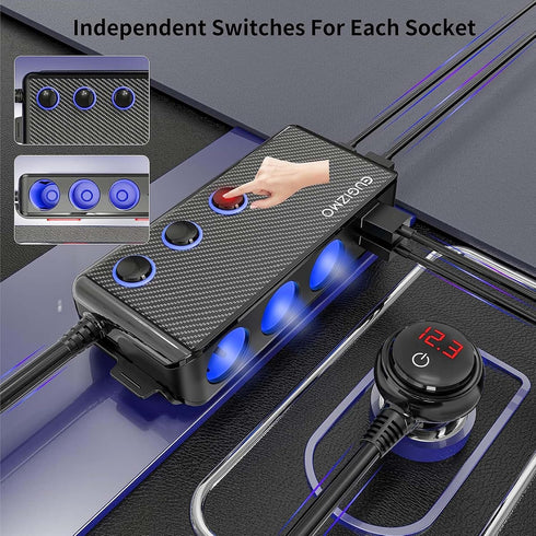 Cigarette Lighter Plug Splitter, 3 Socket 200W Car Cigarette Lighter Adapter USB Charger Extension Cord Multi Port