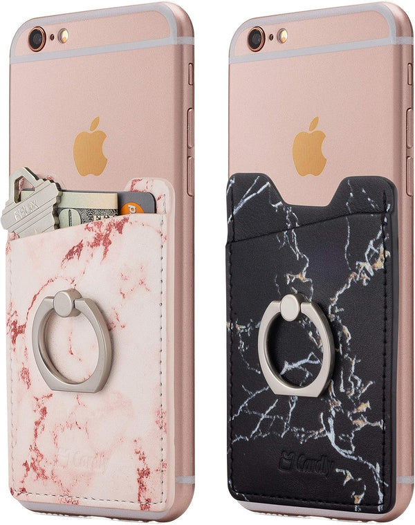 Two Finger Ring and Cell Phone Stick on Wallet Card Holder for iPhone, Android and All Smartphones (Pink & Black)