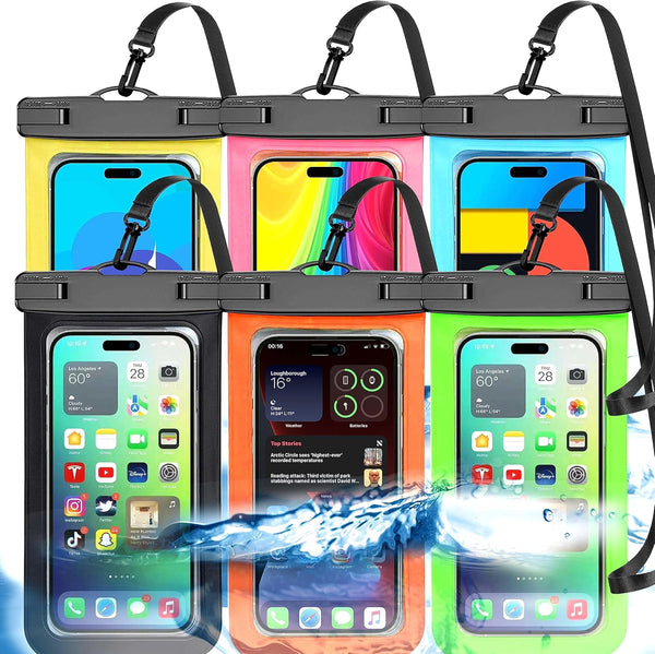 6 Pack Multicolor Universal Waterproof Phone Pouch, Large Dry Bag for Apple iPhone, Samsung, up to 7.5" (Black, Blue,