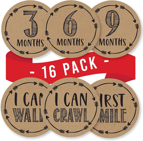 Hadley Designs Rustic Baby Monthly Milestone Stickers, 16 Stickers for Newborn Photo Props