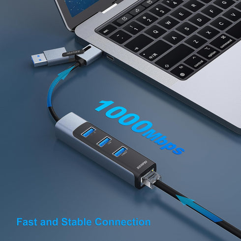 BENFEI 2-in-1 USB-C USB 3.0 to Gigabit Ethernet Adapter, 3-Port USB 3.0 Hub with RJ45, Compatible with MacBook