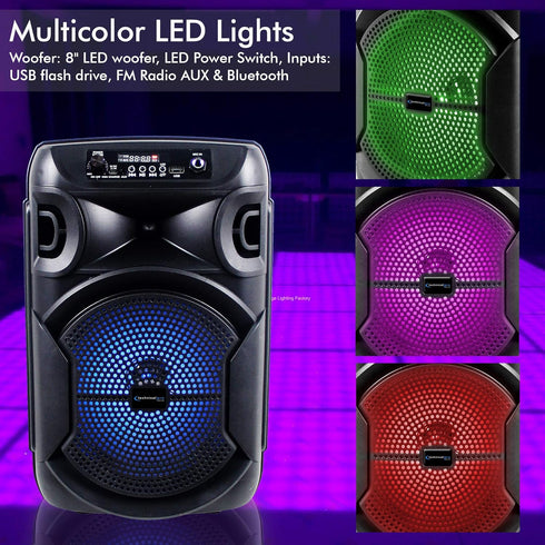 Technical Pro 8 Inch Bluetooth Speaker, 800 Watts with Woofer & Tweeter, Festival PA LED, True Wireless Stereo, 30 Feet