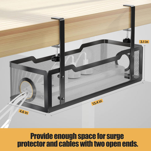 Under Desk Cable Management Tray Black, Cinati Cable Tray with Clamp for Desk Wire Management, No Damage