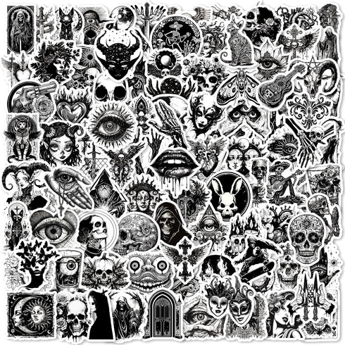 100PCS Waterproof Cool Gothic Stickers, Black and White Punk Vinyl Decals for Water Bottle, Phone Case, Laptop, Horror