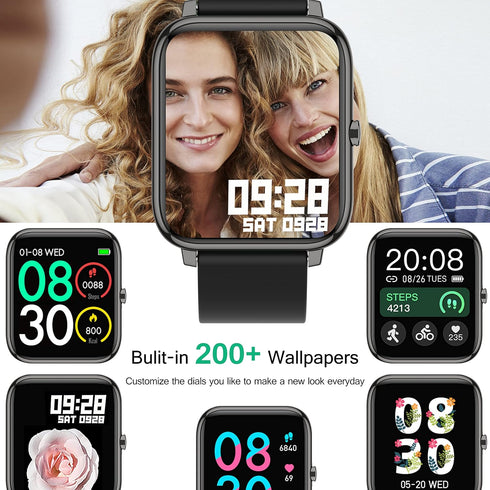 Popglory Smart Watch, Fitness Tracker with Blood Pressure/Oxygen Monitor, Full Touch for Android & iOS, Black