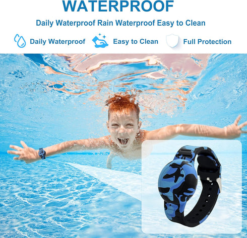 Waterproof AirTag Bracelet for Kids, 2 Pack Soft Silicone Hidden Holder Case with Adjustable Anti-Lost Printed Strap