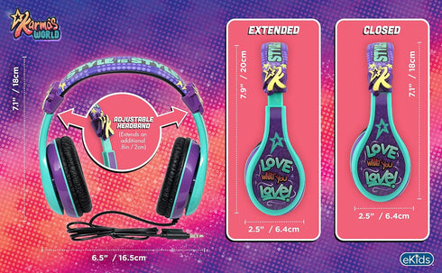 eKids Karmas World Wired Headphones for Kids, Tangle Free Stereo Headphones with Parental Volume Control, 3.5mm Jack