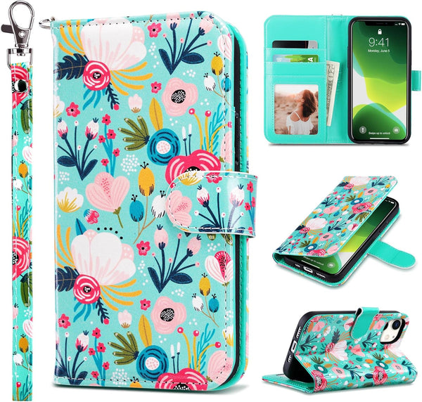 ULAK Compatible with iPhone 12/12 Pro Wallet Case, RFID Blocking PU Leather with Card Holder, Kickstand, Mint Flower