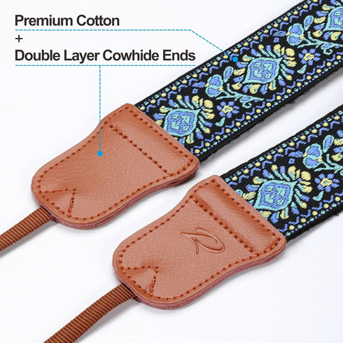 Padwa Lifestyle Camera Strap - 2" Wide Double Layer Cowhide Head Camera Straps for Photographers, Universal Neck & Shoulder Cotton Padded Vintage Strap for All DSLR Cameras(Blue Embroidery Floral)