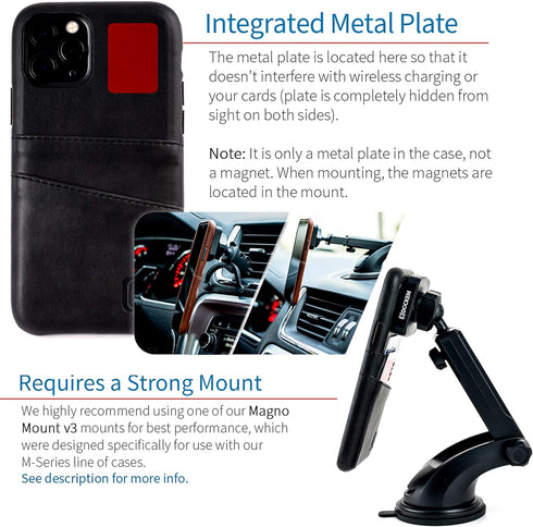 Dockem M2 Exec Wallet Case for iPhone 11 Pro, Black Synthetic Leather, 2 Credit Card Holders, Metal Plate