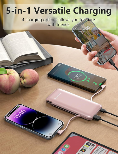 Portable Charger Power Bank 10,000mAh with Built-in Cable and AC Wall Plug, Slim Mini Fast USB-C Charger for Smartphones