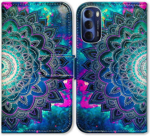 Case for Moto G Stylus 2022, Mandala Flower Space Leather Flip Wallet Cover with Card Slot Holder Kickstand