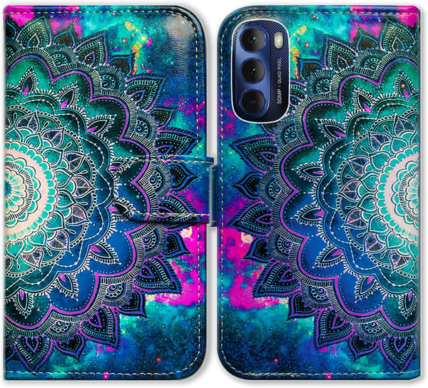 Case for Moto G Stylus 2022, Mandala Flower Space Leather Flip Wallet Cover with Card Slot Holder Kickstand