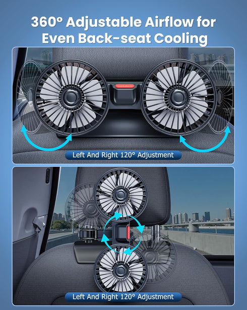 Yatessence 360 12V/24V Dual-Head Rear Seat Car Fan, Powerful Airflow, Rotation, Blows Both Left & Right, Adjustable