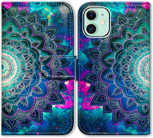 Case for iPhone 12/iPhone 12 Pro, Mandala Flower Space Leather Flip Wallet Cover with Card Slot Holder