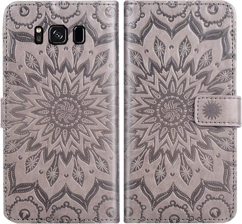 Samsung Galaxy S8 Wallet Case, Leather Sunflower Flip Cover with Tempered Glass Screen Protector, Gray
