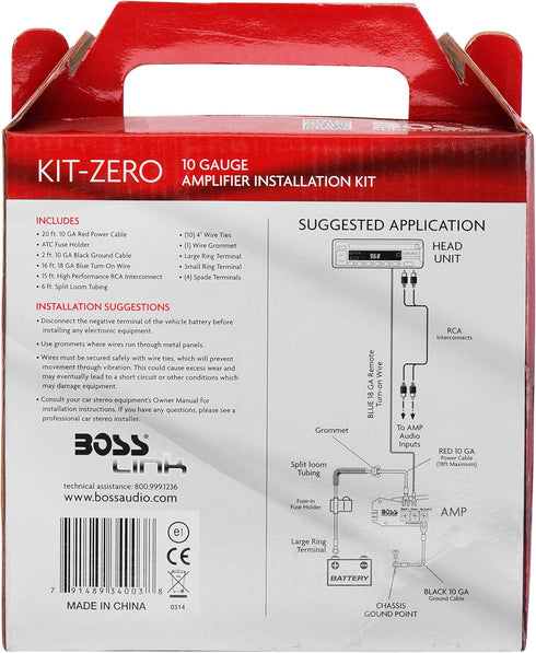 BOSS Audio Systems KIT-ZERO 10 Gauge Wiring Installation Kit for Car Amplifiers, Helps Connect Power to Radio and