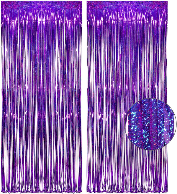 Purple Tinsel Curtain Party Backdrop, GREATRIL Foil Fringe Curtain for Hunters Mermaid Themed Decorations, Pack of 2.