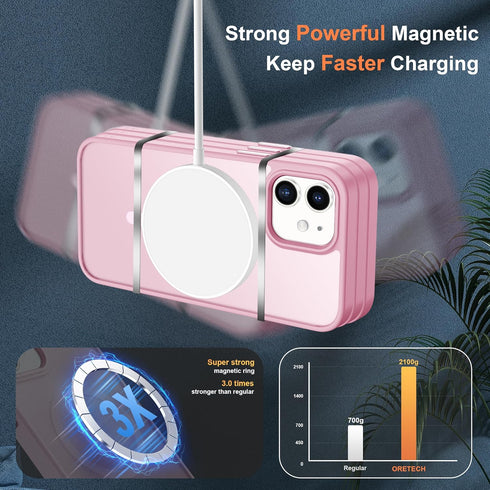 ORETECH Magnetic iPhone 12 Case, Light Pink Frosted Translucent, 15 FT Drop Protection, 2 Pcs Screen Protectors