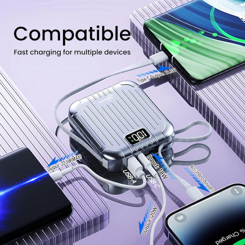 Winsway 10000mAh 22.5W 3A 4 2 Small Power Bank with Built in Cable, Fast Charging, Outputs Inputs, Mini Portable