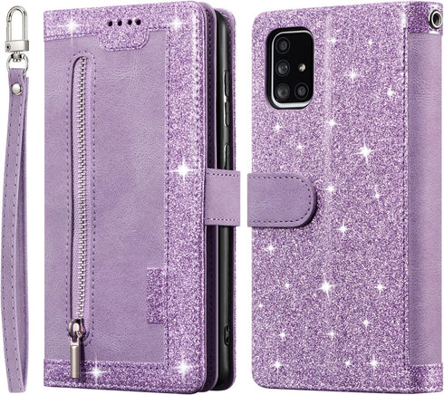 EYZUTAK Purple Wallet Phone Case for Samsung Galaxy A51(4G), Retro Matte with 9 Card Holder Slots, Zipper Pocket, PU