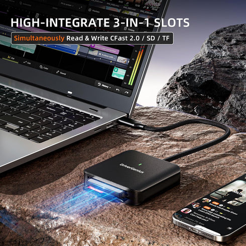DriverGenius 3-in-1 3.2 Gen1 CFast2.0 microSD4.0 30cm (HB081, USB-C Card Reader with UHS-II SD, Slots - Nylon Braided
