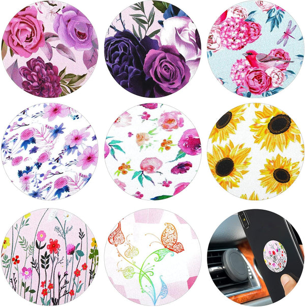 8 Pcs Phone Magnet Car Metal Plate Mount - Compatible with Magnetic Car Mounts, Replacement Sticker (Floral Style)