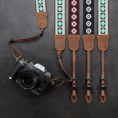 Padwa Lifestyle Camera Strap - 1.5" Crazy Horse Cowhide Head Cotton Strap, Vintage Embroidery for Cameras