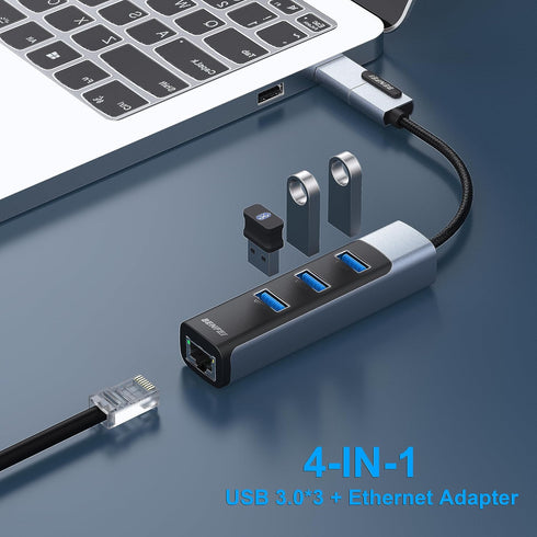 BENFEI 2-in-1 USB-C USB 3.0 to Gigabit Ethernet Adapter, 3-Port USB 3.0 Hub with RJ45 Compatible with MacBook Pro/Air 2023, iPad Pro, iMac, S23, XPS 17, Surface Book 3 and More