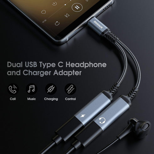 ZOOAUX USB C Splitter, 2-in-1 Type C Audio Dongle Cable with PD 60W Fast Charging, Dual USB C Headphone and Charger