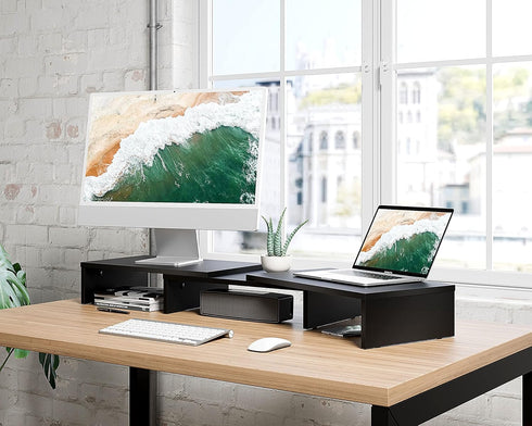FITUEYES Dual Monitor Stand - 3 Shelf Computer Monitor Riser, Adjustable Wood Desktop Stand for Office Supplies, Medium