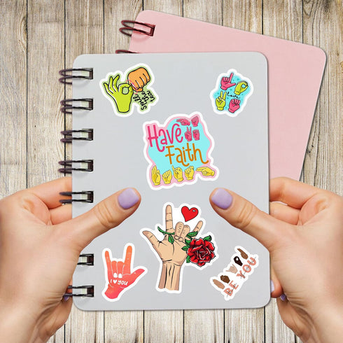 Pack of 50 ASL Stickers, American Sign Language Vinyl Decals, Waterproof Decorations for Laptop, Bumper, Water Bottles