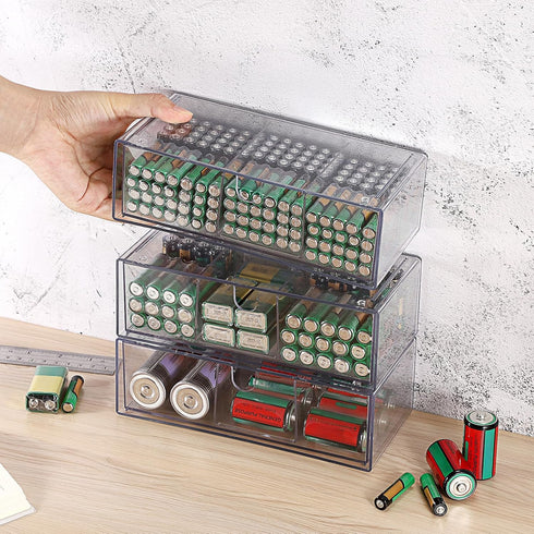 2 Pack 9V, 2-Drawer Common BTSKY Clear Acrylic Battery Storage Organizer for AA, AAA, C, D Batteries, Storage Box