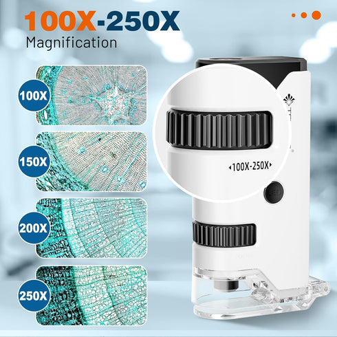100x-250x Mini Pocket Microscope for Kids Adults, Protable Handheld Microscope with 5 Microscope Slides, Phone Adapter, Miniscope Portable Microscope Kit for Kids Adults Science Lab Education,White