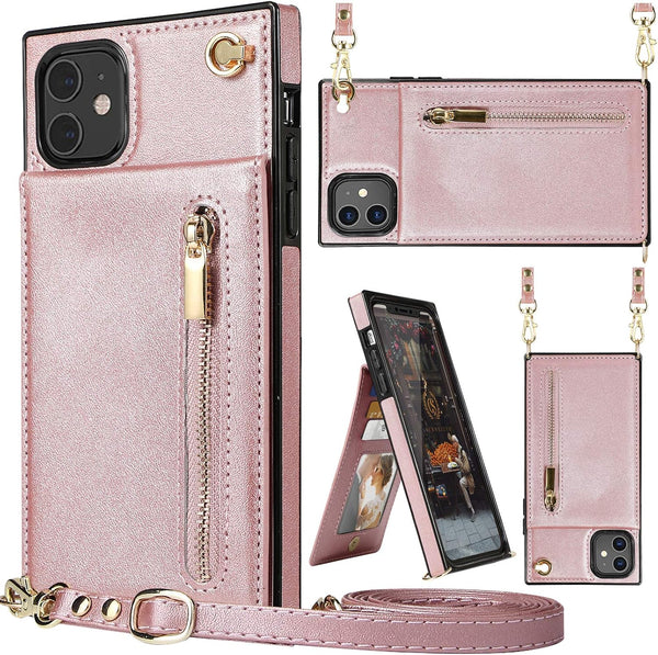 HOGGU Compatible iPhone 11 Case, Crossbody Strap Leather Wallet with Card Holder, Kickstand, Magnetic Closure Flip