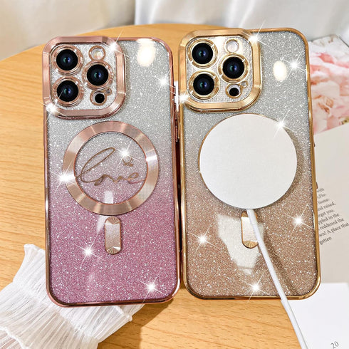 Fiyart iPhone 15 Pro Max Case - Gold Magnetic Glitter, Clear Love Heart Plating, Shockproof, MagSafe Compatible, 6.7"