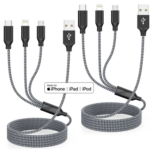 Multi Charging Cord 4ft 2Pack Multiple Charger Cable Nylon Braided Apple MFi Certified iPhone Charger 3 in 1 Lightning Cable Durable Phone Charger Wire with Type C Micro Lightning Grey Black