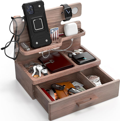 BARVA Wood Docking Station for Men, Gifts for Dad, Nightstand Organizer with Drawer, Charging Dock for Phone and Watch
