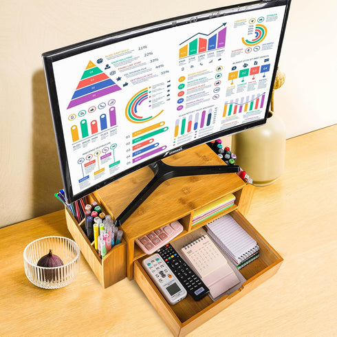 Hiceeden 2 Tier Bamboo Desktop Organizer, Desk Monitor Stand Riser with 2 Pen Holder, 1 Drawer, 2 Compartment Storage
