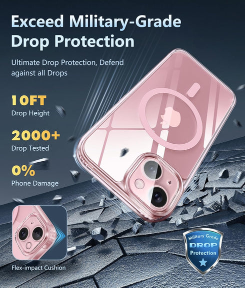 FNTCASE iPhone 15 Case: Rugged Shockproof Bumper, Military Grade Drop Protection, Anti-Yellowing, 6.1" Clear PinkRing.