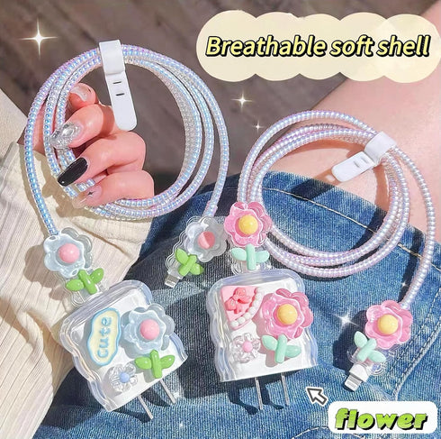 Kawaii Flower Cable Protector Cover for iPhone Charger Lightning, 3D Floral Cartoon Design, Pink for iPhone X 12 13 14