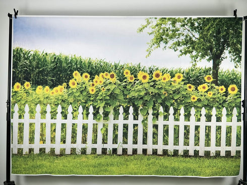 Leyiyi 5x3ft Spring Natural Scenery Photography Backdrop with Yellow Sunflowers and White Wooden Fence