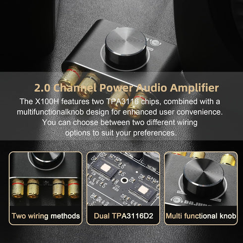 X100H 2.0 100W+100W TPA3116D2 Bluetooth5.1/USB/3.5mm Audio Amplifier Channel Power Amplifier,Supports AUX Input
