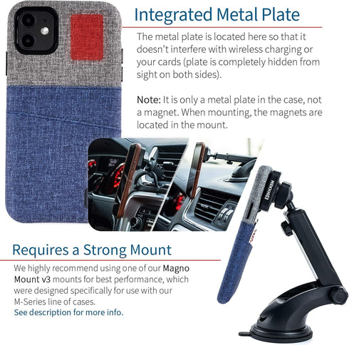 Dockem Wallet Case for iPhone 11, Built-in Metal Plate for Magnetic Mounting & 2 Card Holders (Blue & Grey)
