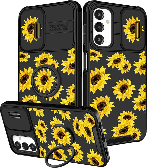 (2in1 Cute Girls Sunflower Kawaii Aesthetic Case for Samsung A14 5G, Black Design with Camera Cover and Ring Stand