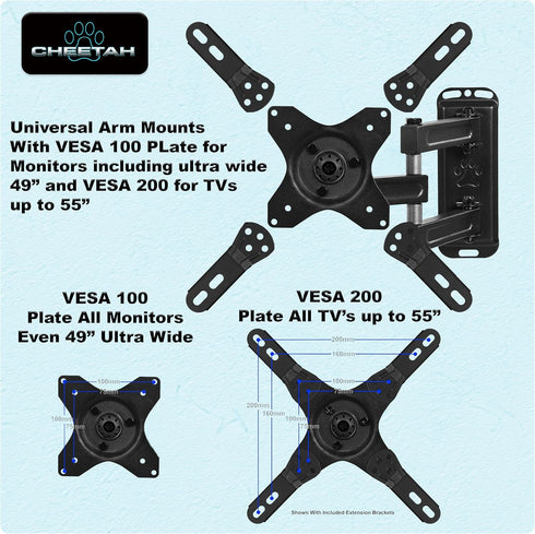 Cheetah 12-55 Inch 40lbs 200x200mm, 10ft 15" TV Monitor Wall Mount for TVs up to VESA with HDMI Cable, TouchAdjust