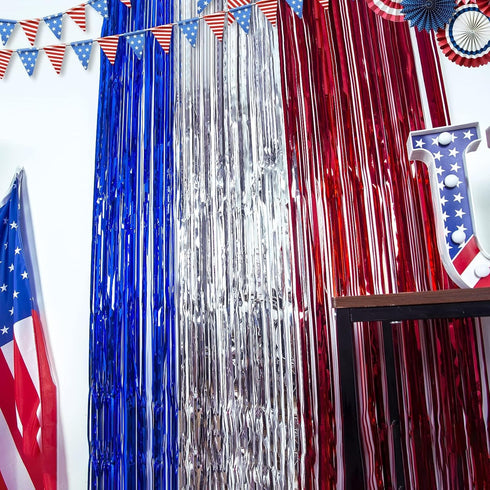 LOLStar 4th of July Decorations, 3 Pack Red White Blue Tinsel Foil Fringe Curtains, Photo Booth Prop Streamer Backdrop