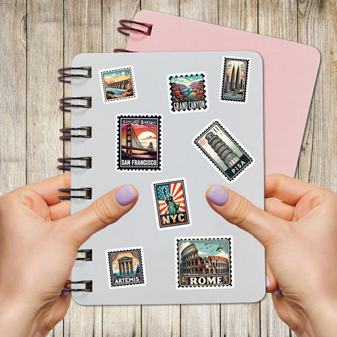 Pack 50 PCS Stamp Sticker Print Envelopes, Waterproof Vinyl Decals Vintage Items for Kids Teens Adults, Labels for
