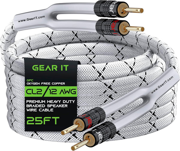 GearIT 12AWG Premium Heavy Duty Braided Speaker Wire, 25 Feet, with Dual Gold Plated Banana Plug Tips, Oxygen-free